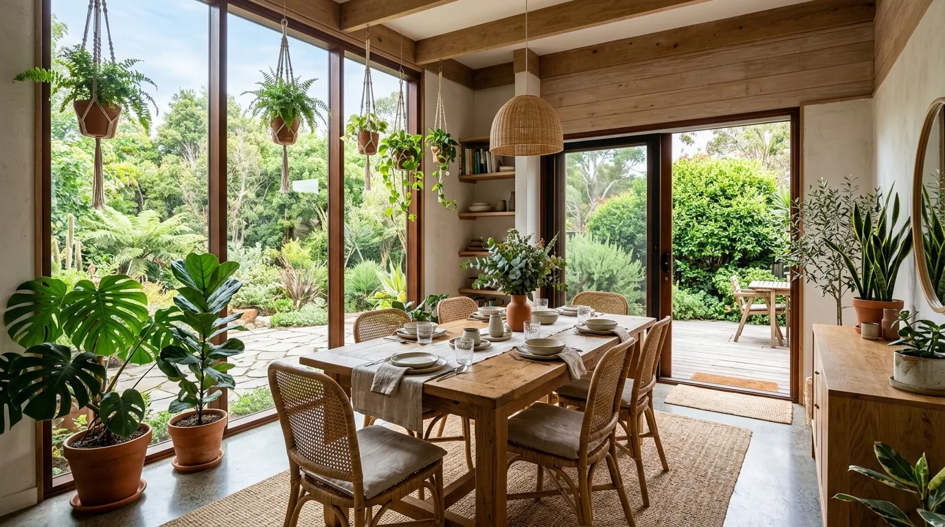 Use a sideboard to add storage and visual grounding inspiration for an organic modern dining room.